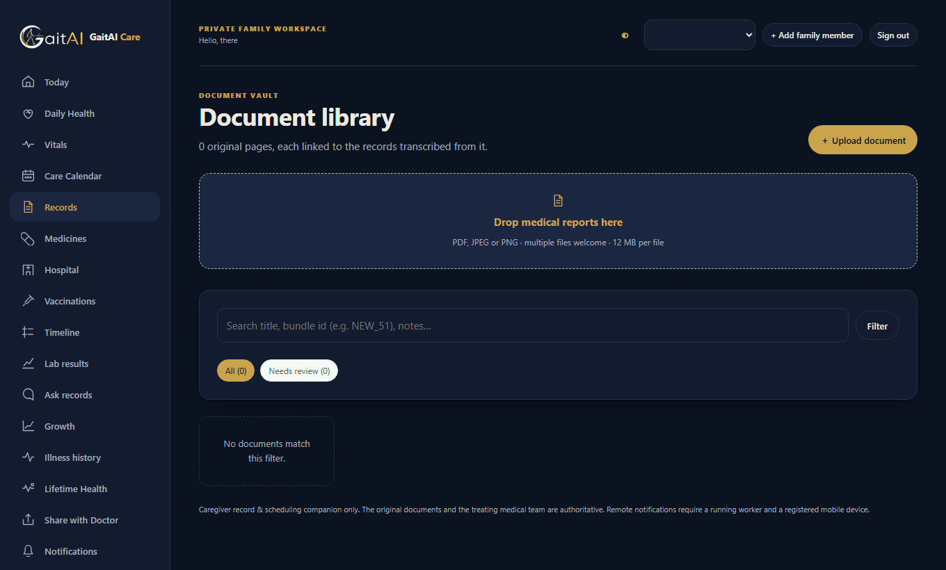 GaitAI Care document library with upload, review filters and health-record navigation, shown with no records.
