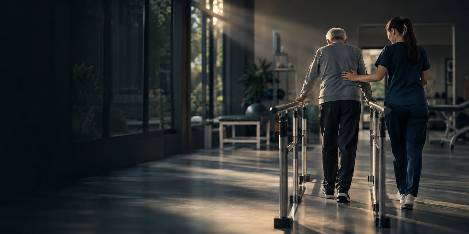 Patient practices walking between parallel bars with physiotherapist support.